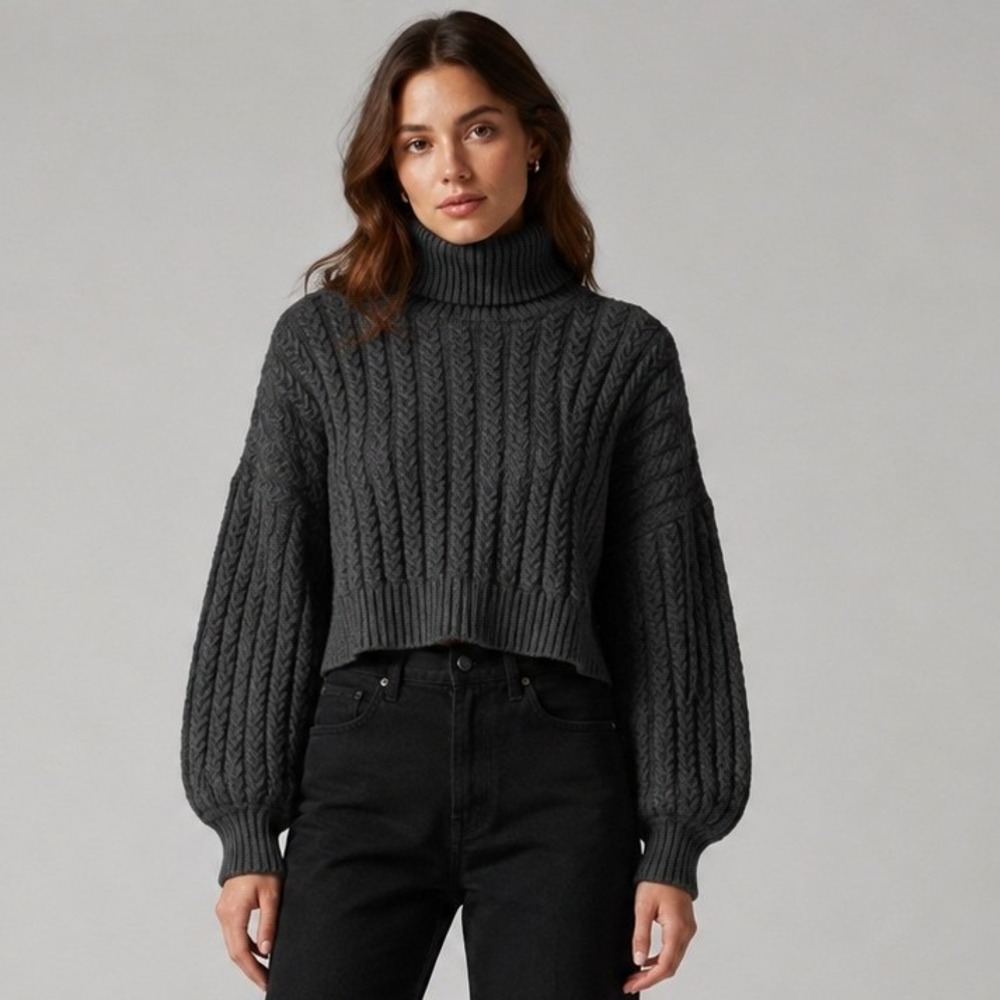 T Tahari Turtleneck Sweater Womens Medium Gray Cable Knit Cropped Balloon Sleeve